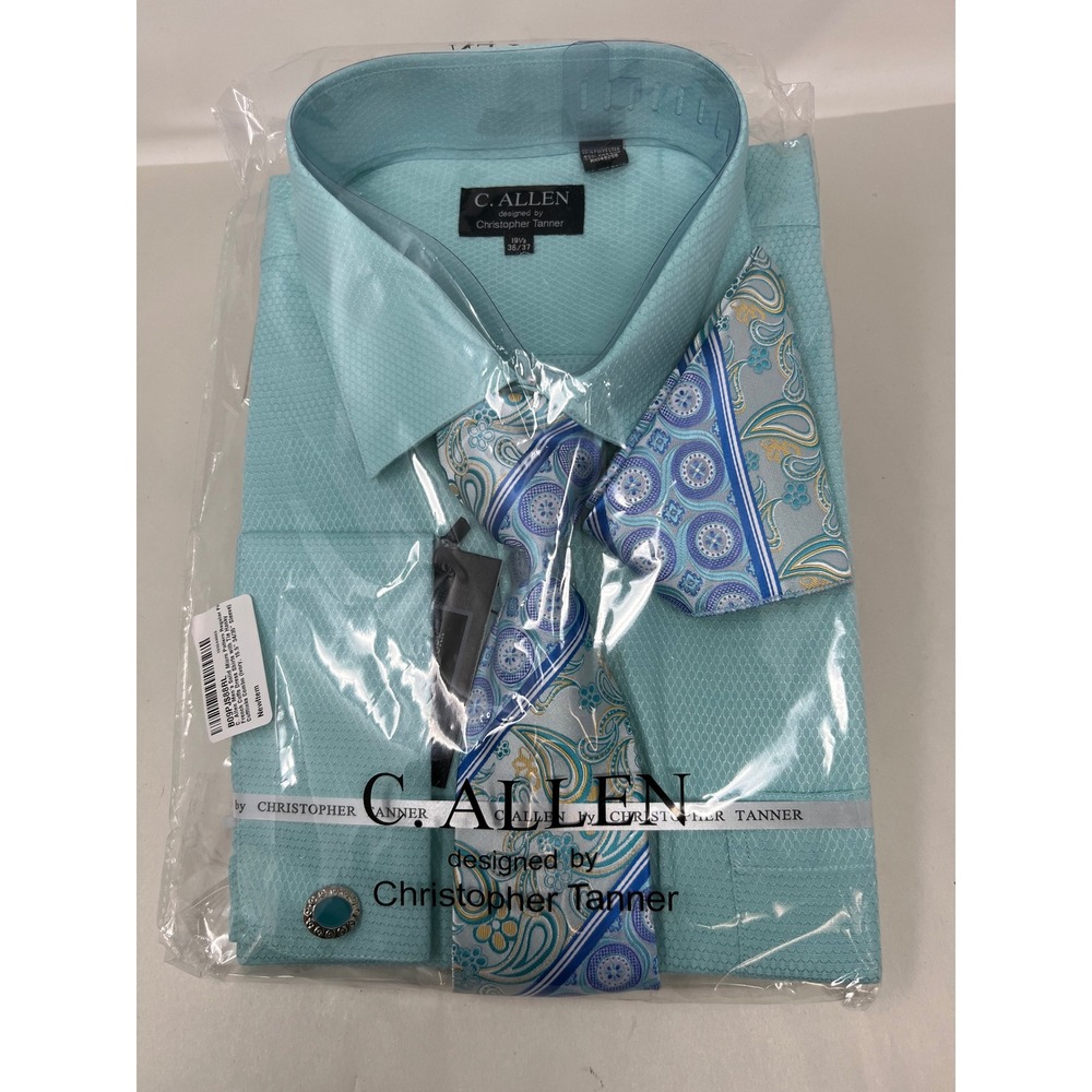 C. Allen Dress Shirt Set Men 19.5 36/37 Teal French Cuff Tie Hanky Cufflinks NEW